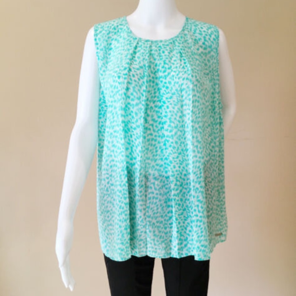 Michael Kors turquoise aqua swing high neck blouse in animal print